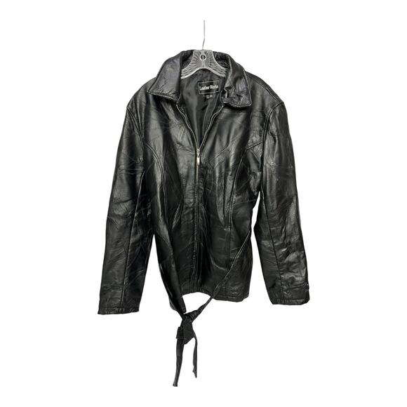 Vintage 90s Leather Works Patchwork Tie Waist Leather Jacket Size 3X Black Lined - Picture 1 of 8